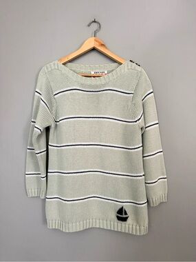 VTG Richard Sport Sage Nautical Striped Knit Sweater, 3/4 Sleeve, 100% Cotton